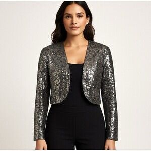 Adrianna Papell Sequin Bolero Jacket Silver Black Evening Formal Crop L